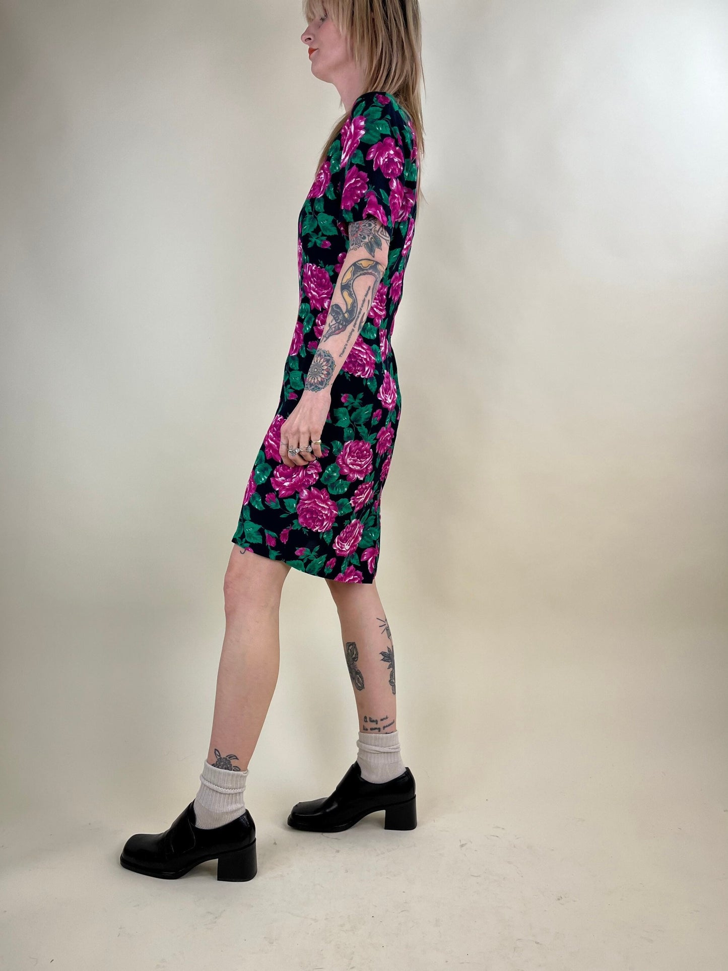 90s Floral Print Rayon Mini Dress / Medium