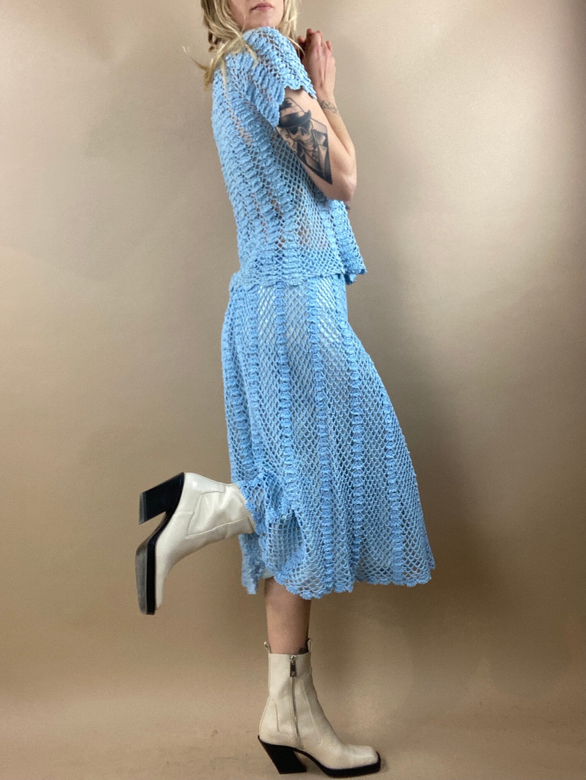 70s Baby Blue Crochet Skirt and Top Set Womens Vintage Medium Wildhoneygoods