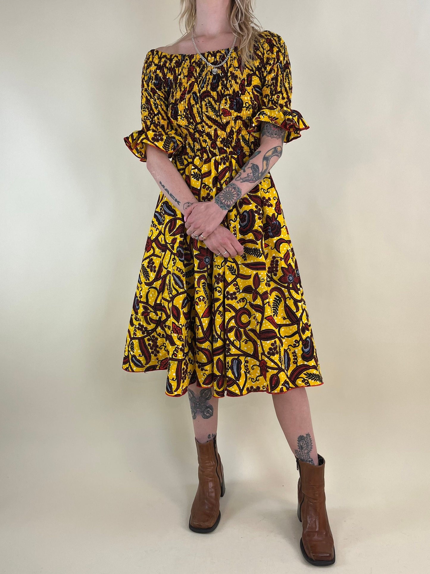 90s Yellow Abstract Smocked Dress / Small