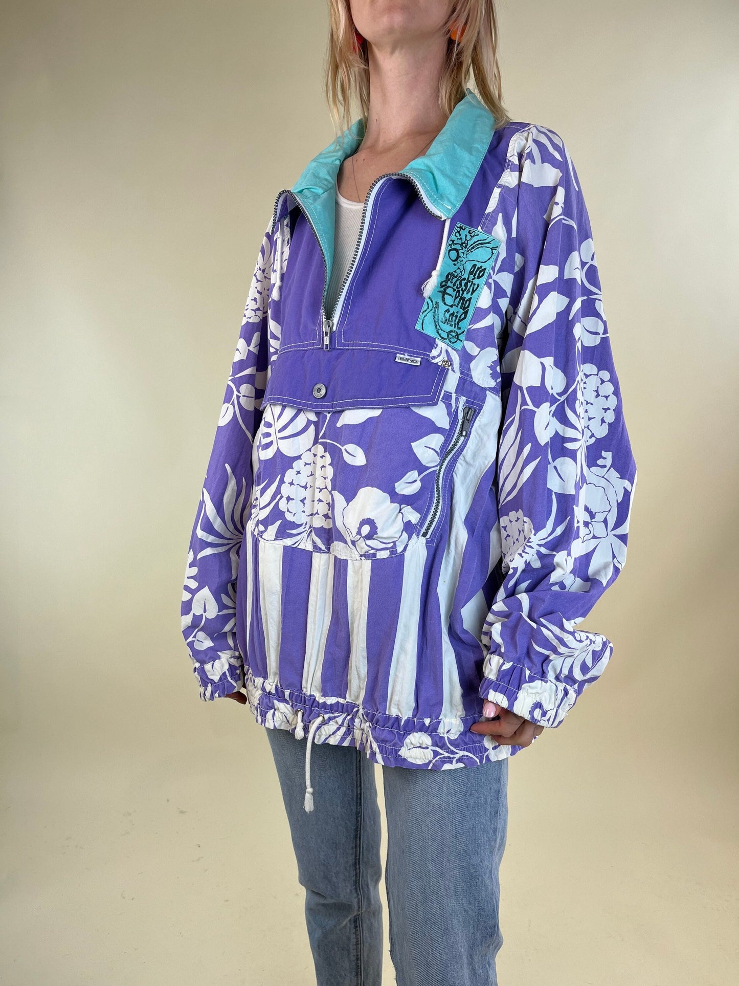 90s Elho Purple Tropical Print Pullover Nylon Wind Breaker / Medium