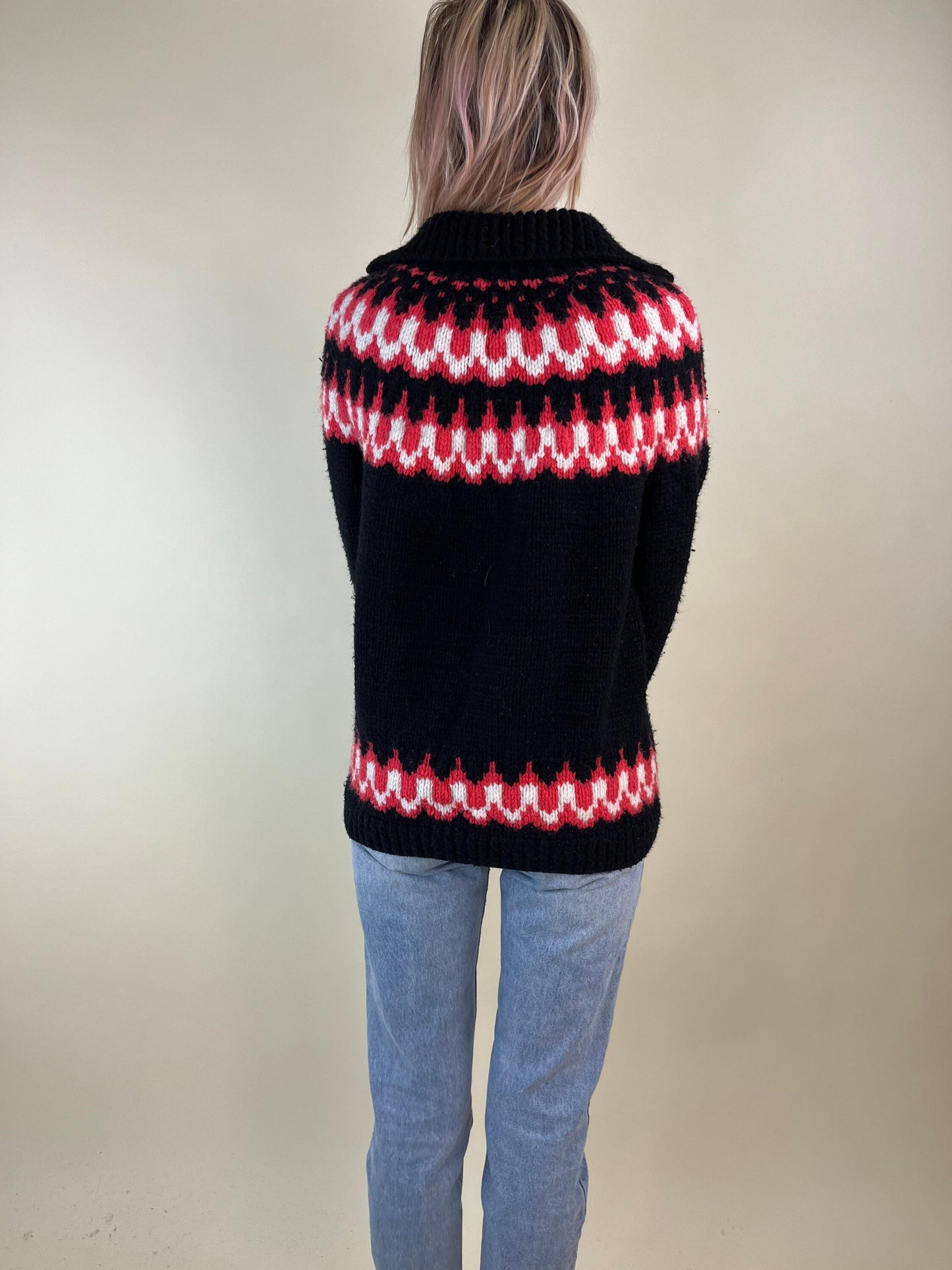 90s Hand Knit Black and Red Zip Up Ski Sweater / Medium