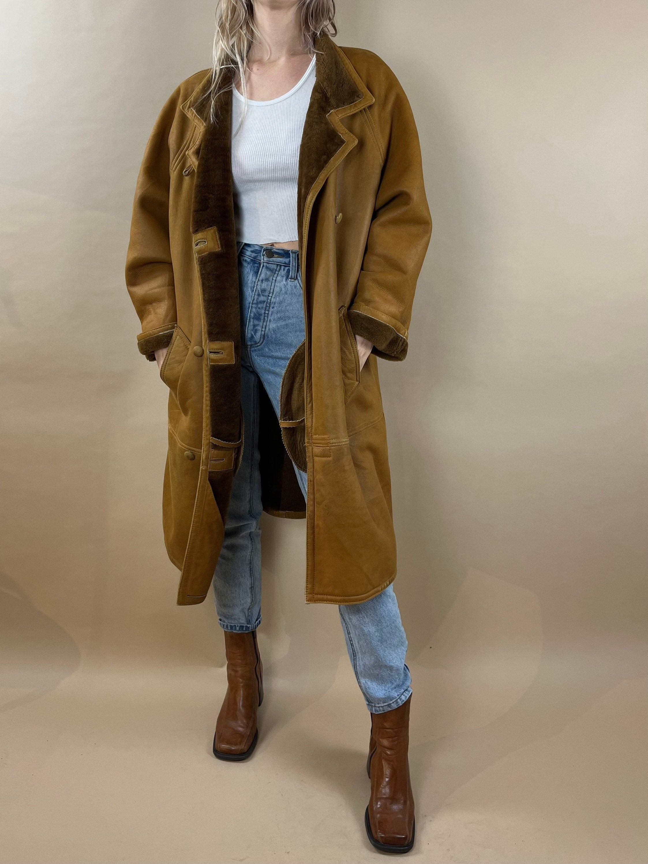 80s Tan Leather Trench Coat / Faux Fur Lined / Winter Coat