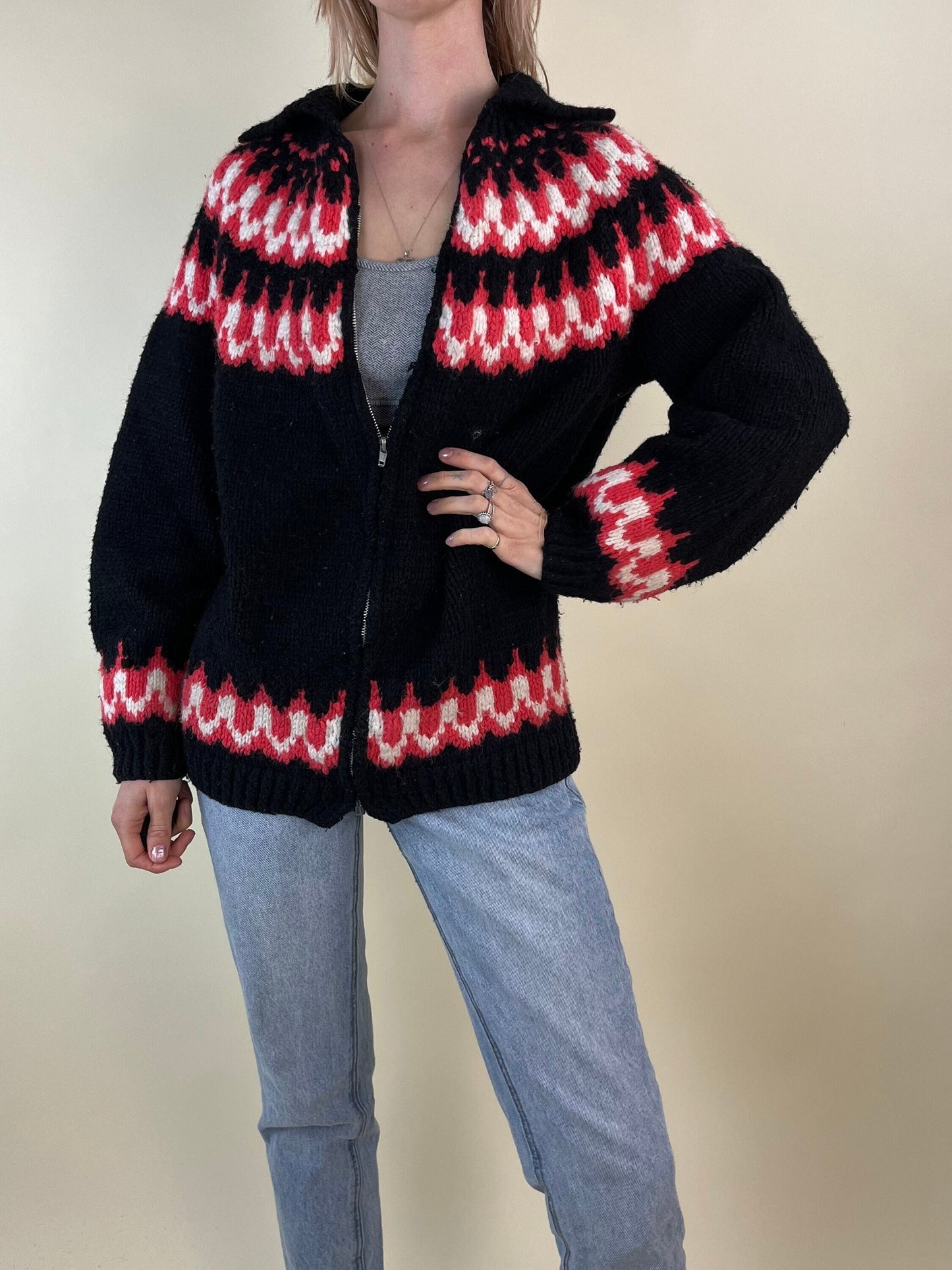 90s Hand Knit Black and Red Zip Up Ski Sweater / Medium