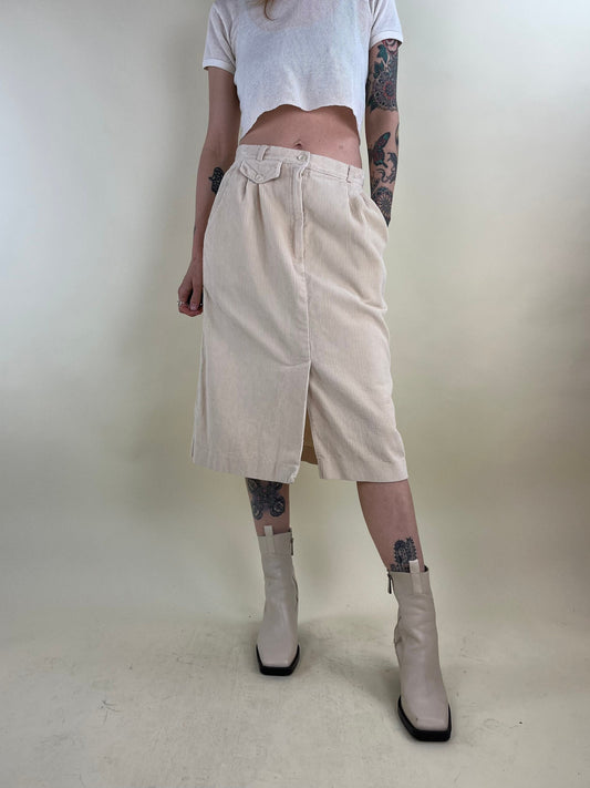 90s Cream Corduroy Midi Skirt / Small - Medium