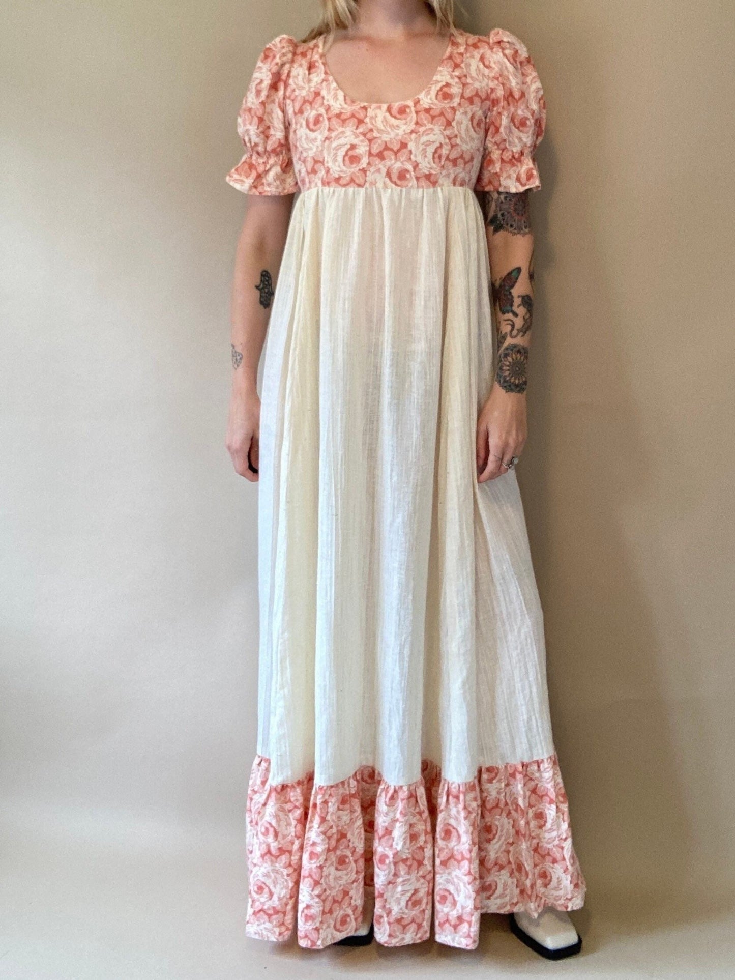 1960s Handmade Linen Peasant Dress / Hippie Maxi Dress / Small