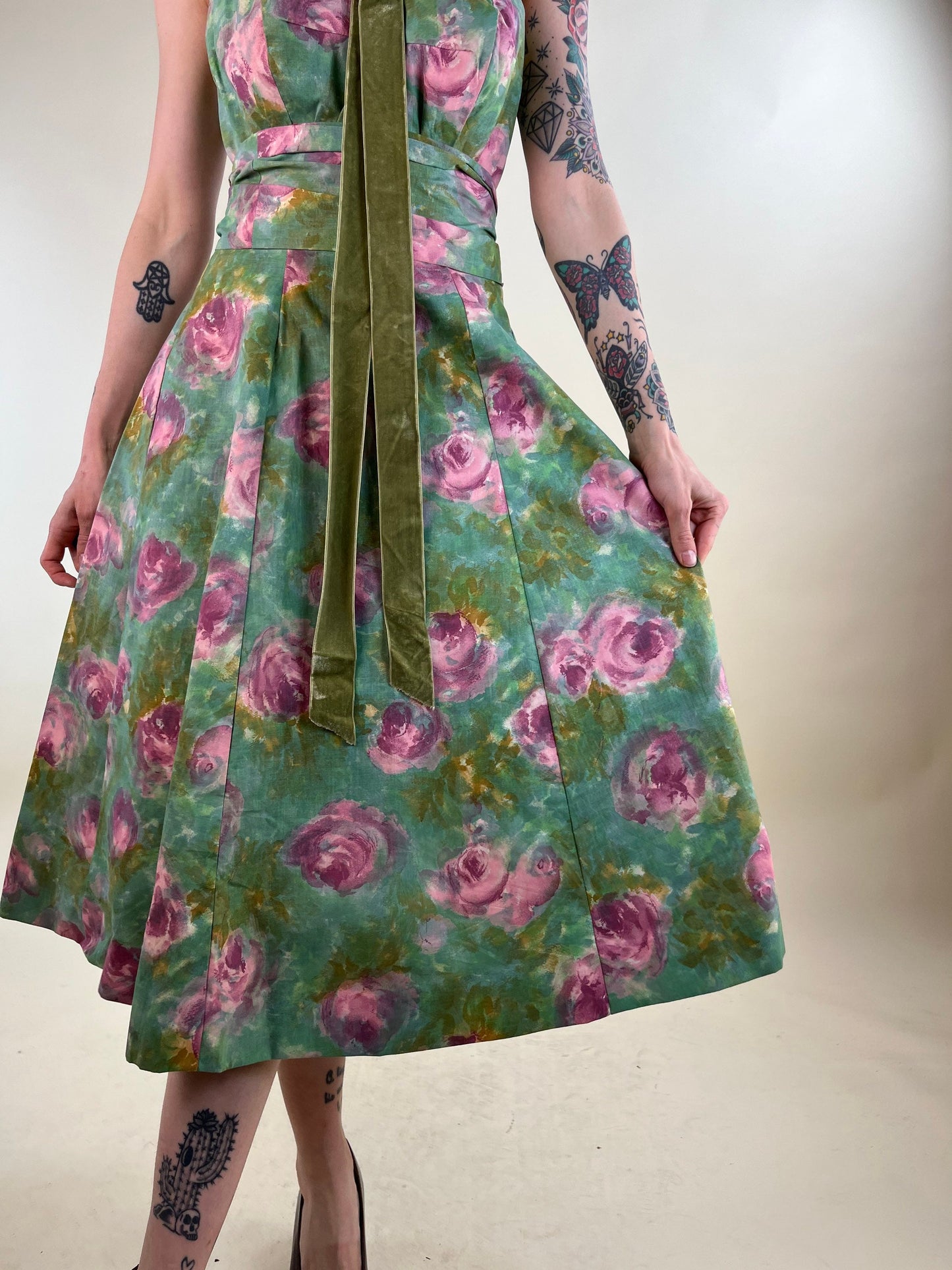 1950s Green Floral Strapless Formal Dress / Medium