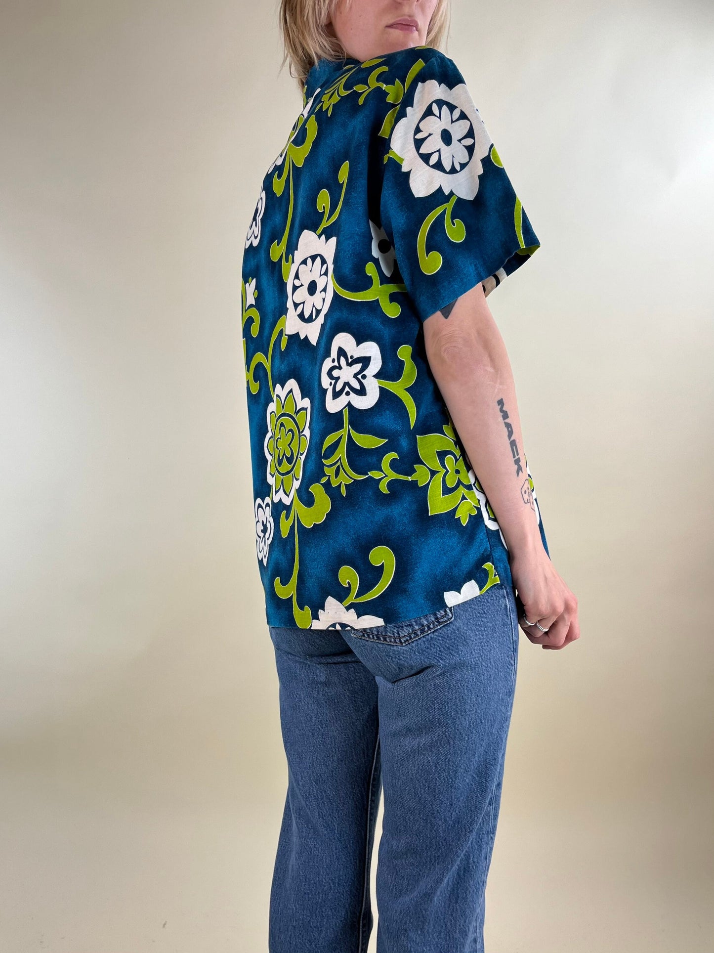 70s/80s Blue and Green 'Pacific Isle' Hawaiian Shirt