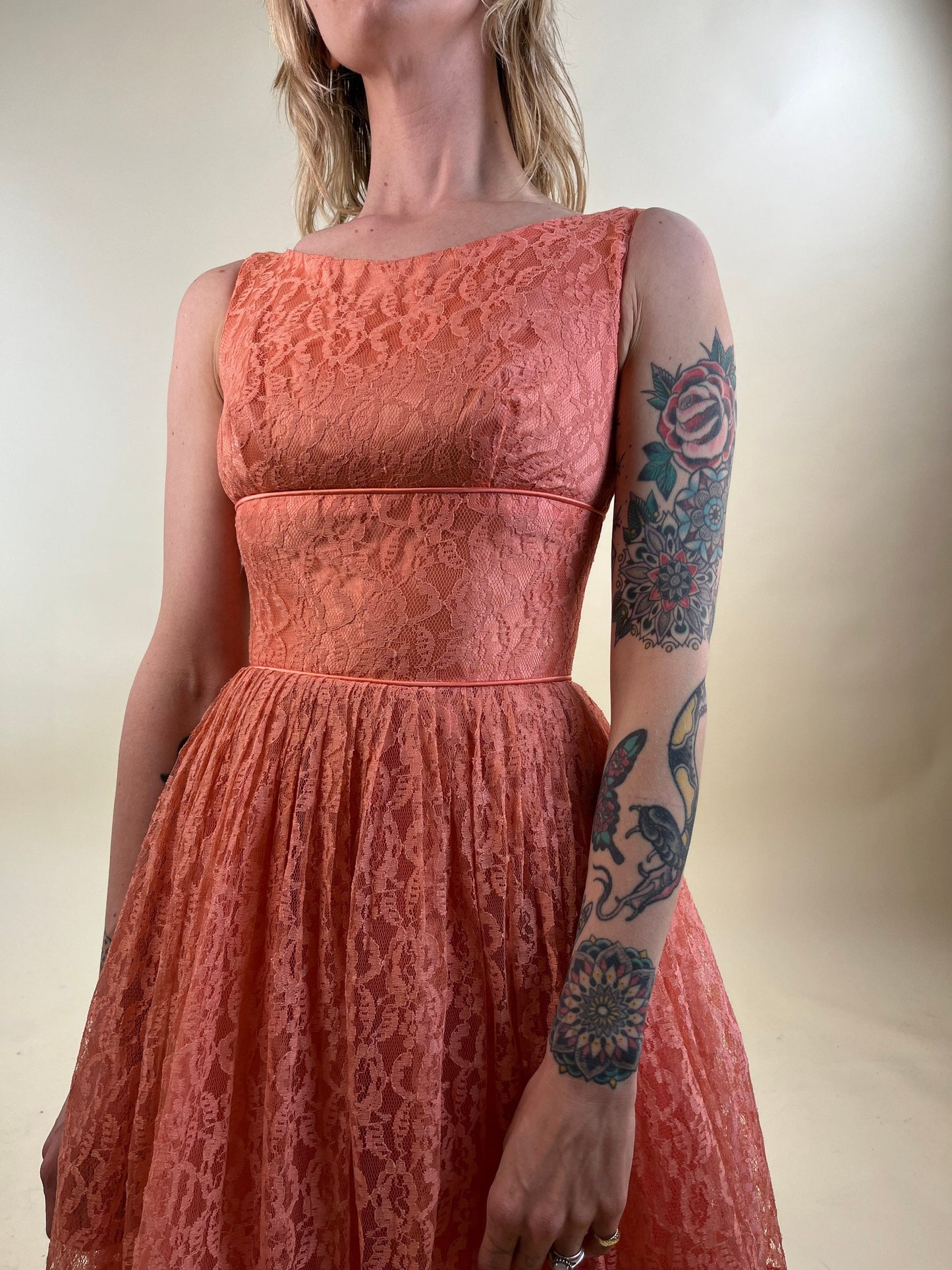 50s Coral Sleeveless Lace Party Dress / XS
