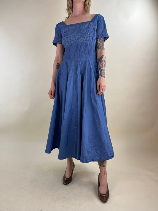 50s 60s Blue Tea-Length Dress / Medium