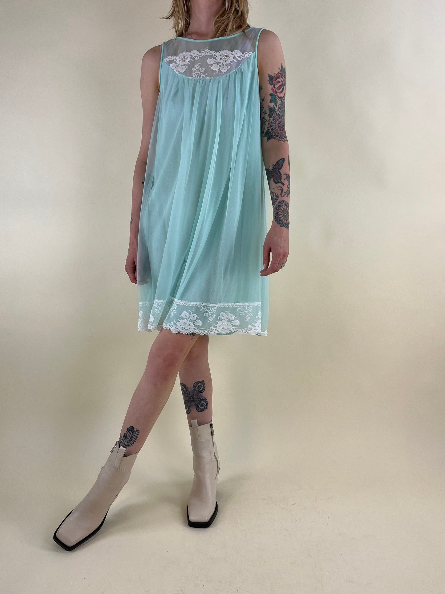 80s Teal Blue Nylon Night Dress / Made in USA / Medium