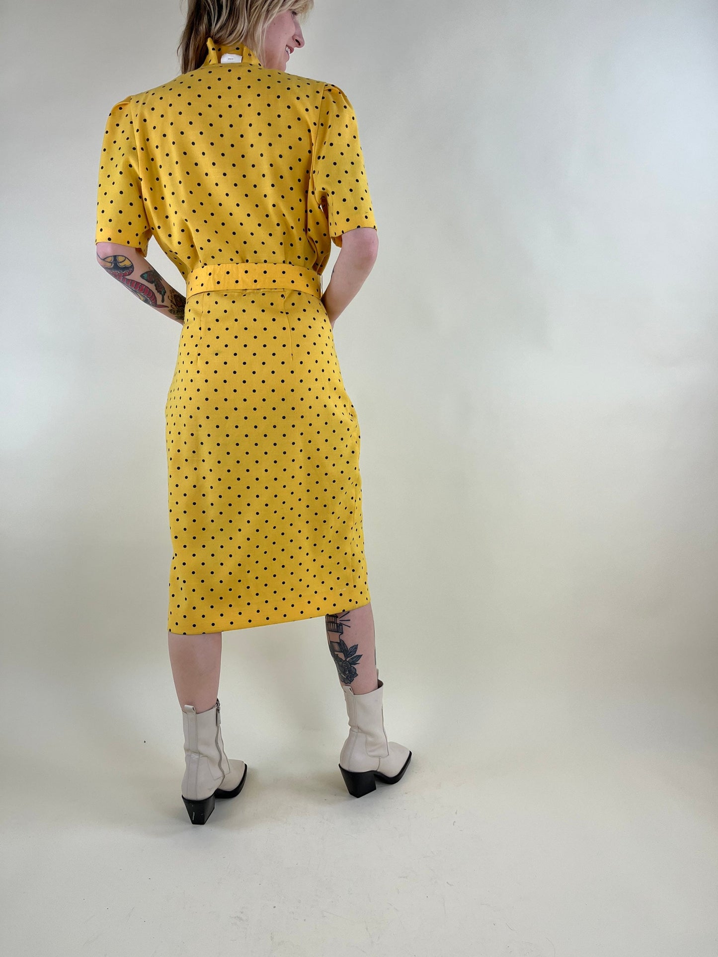 80s Yellow Polka Dot 'Algo' Power Suit Pencil Dress / Medium