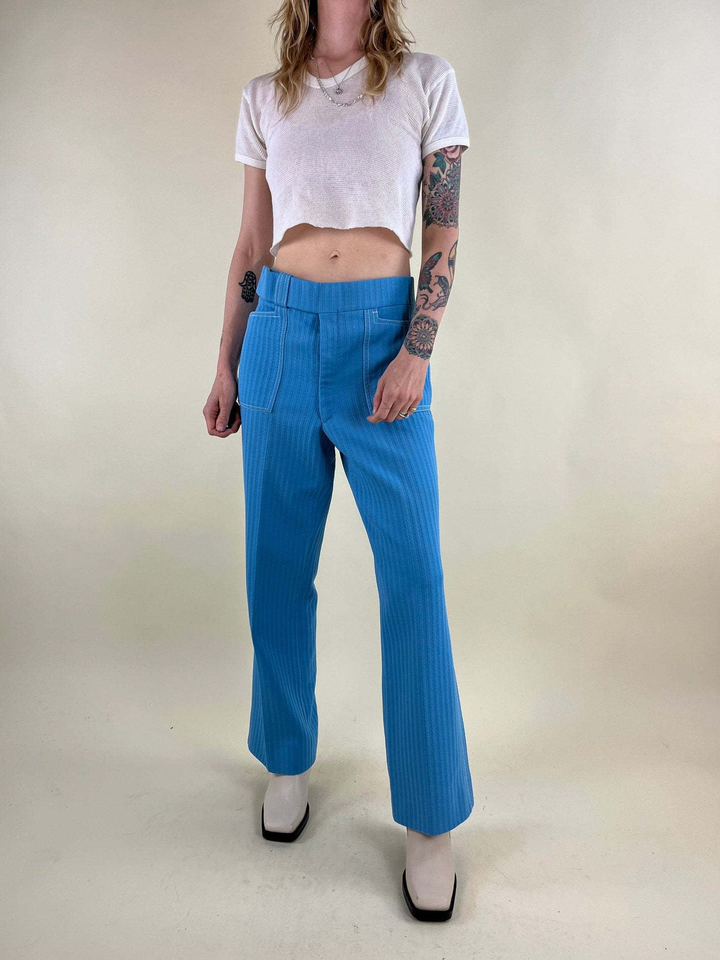 70s Sky Blue 'Capucci' 100% Polyester Wide Leg Trousers / 31" Waist
