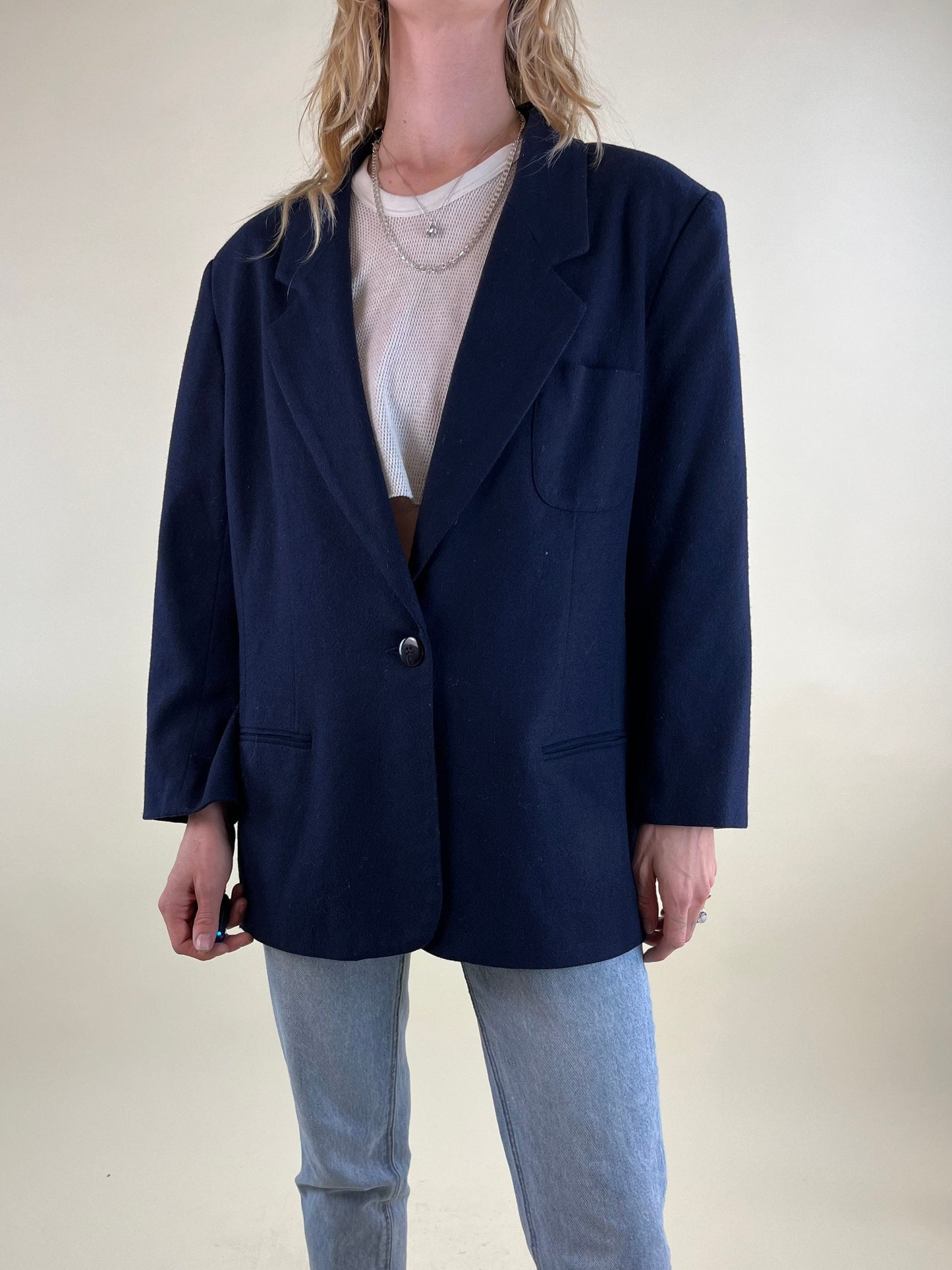 Y2K Navy Blue Wool Blend Blazer Jacket / 18P