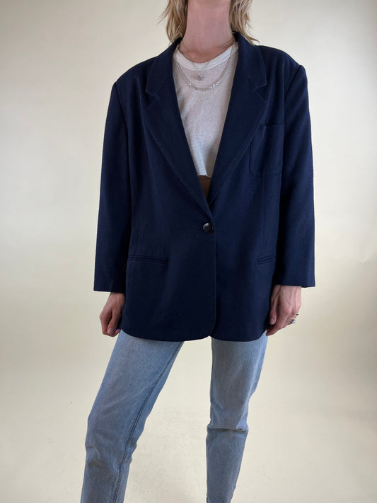 Y2K Navy Blue Wool Blend Blazer Jacket / 18P