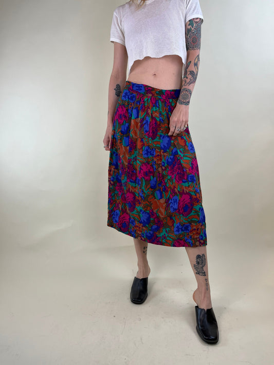 90s Jewel Tone Floral Print Rayon Skirt / Medium