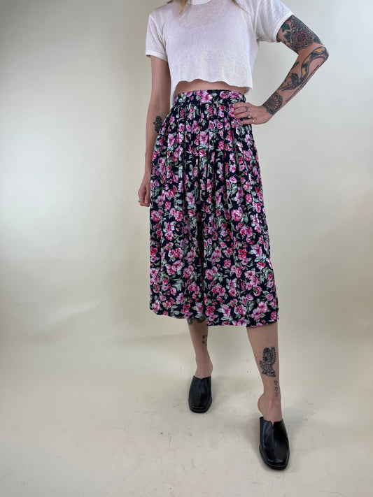 90s Floral Print Rayon Midi Skirt / Made in Canada / Small