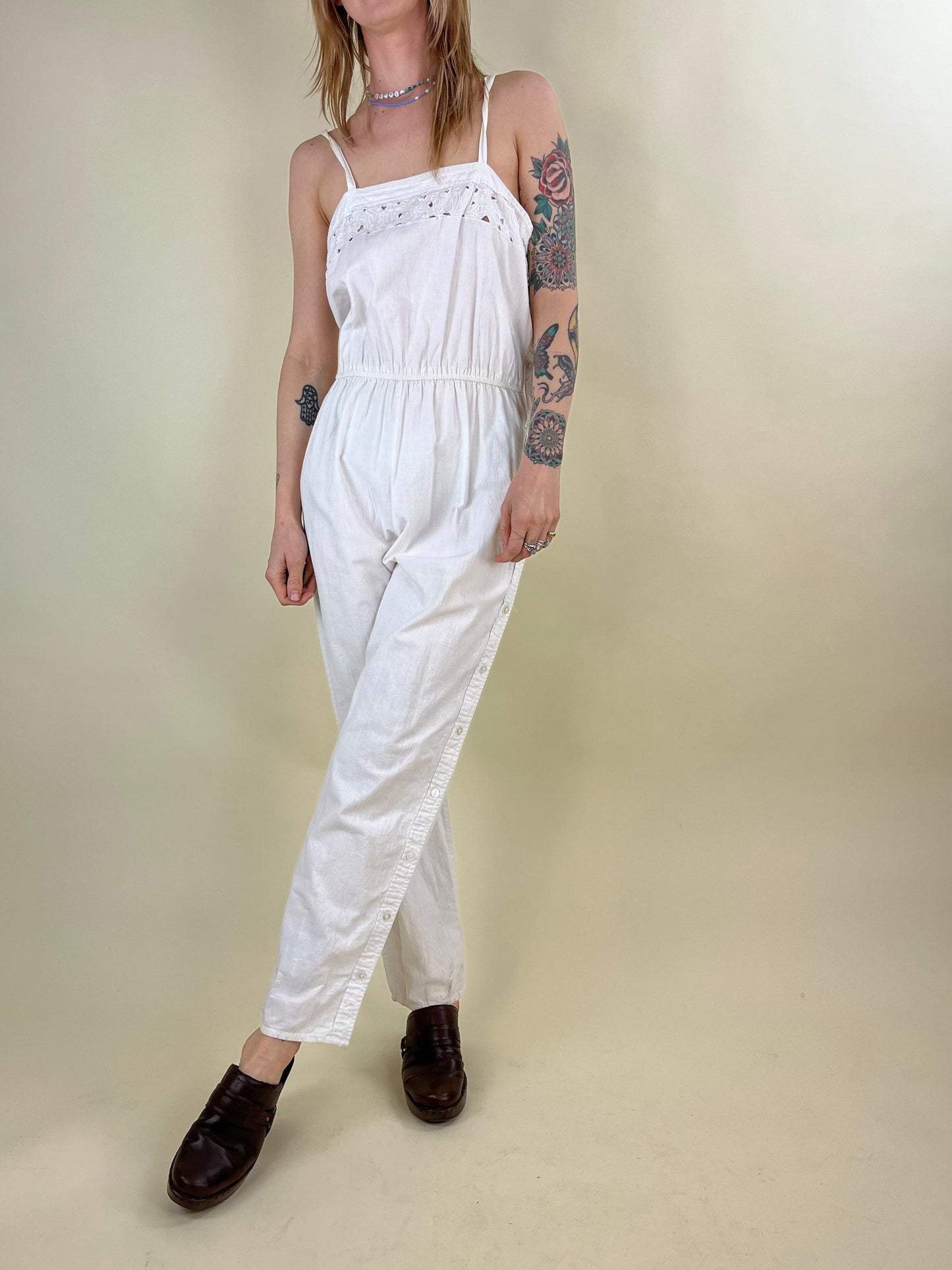 90s White Cotton Jumpsuit / Embroidered Hippie Romper / Medium