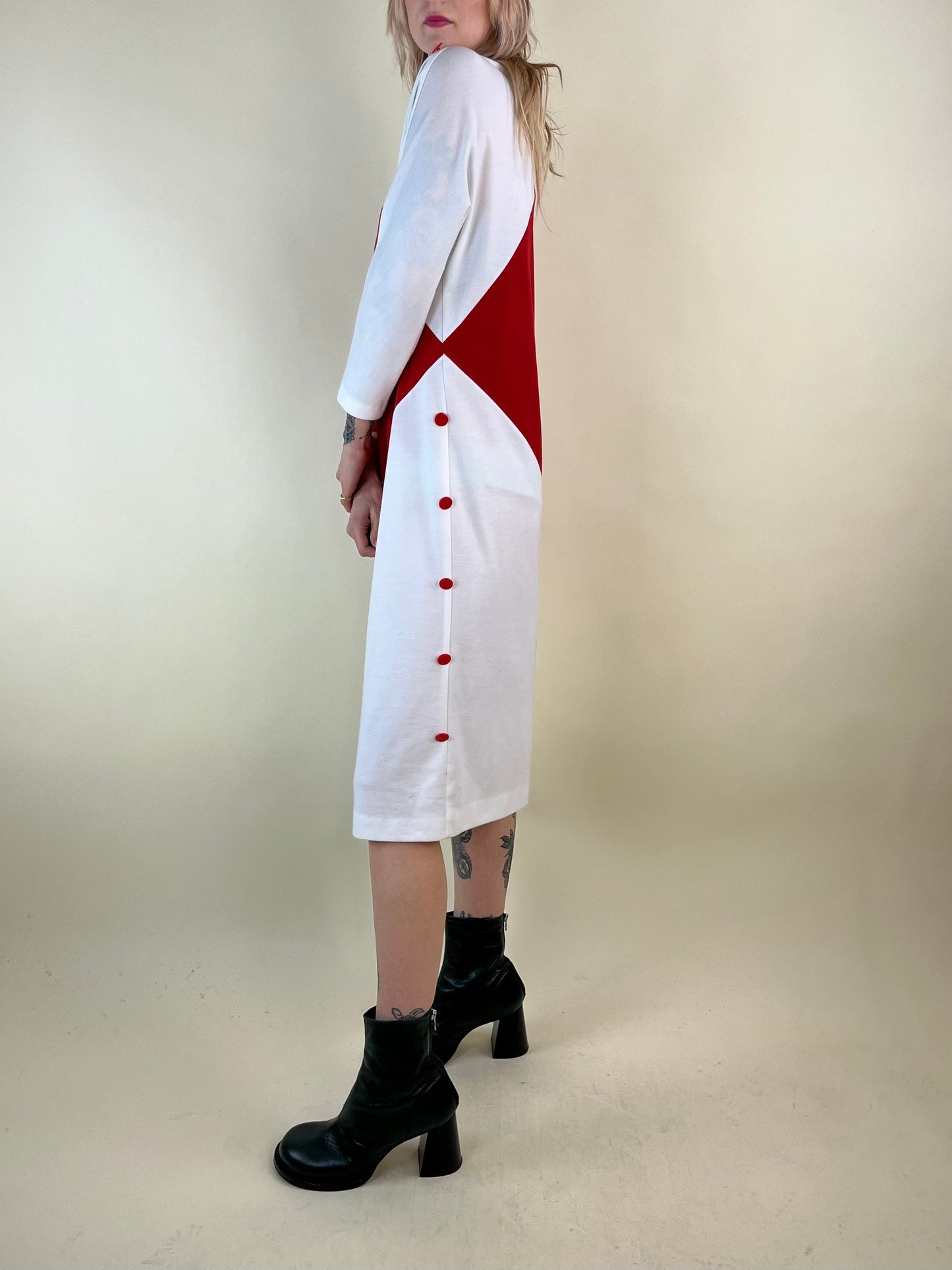 80s White and Red Color Block Long Sleeve Dress / Large