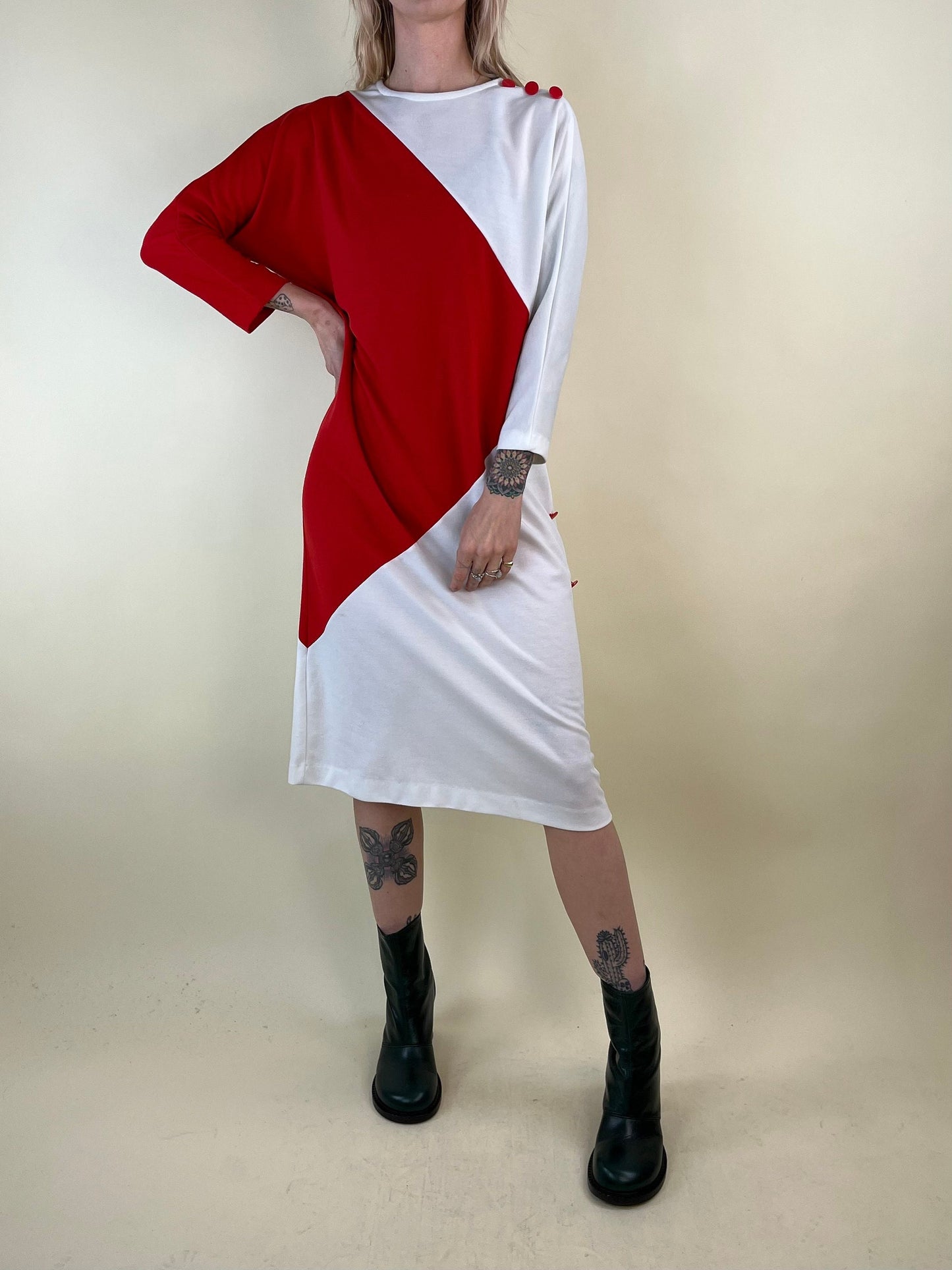 80s White and Red Color Block Long Sleeve Dress / Large