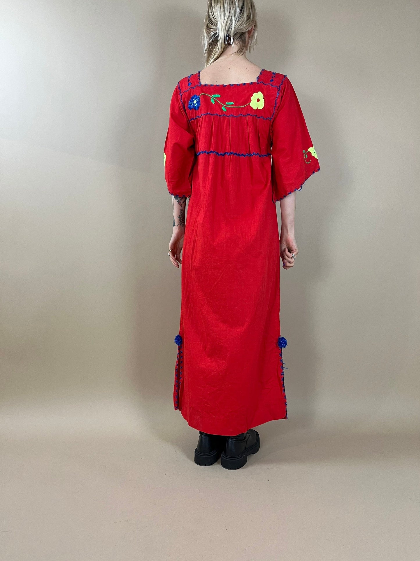 Vintage Red Cotton Mexican Embroidered Mumu Dress / Small