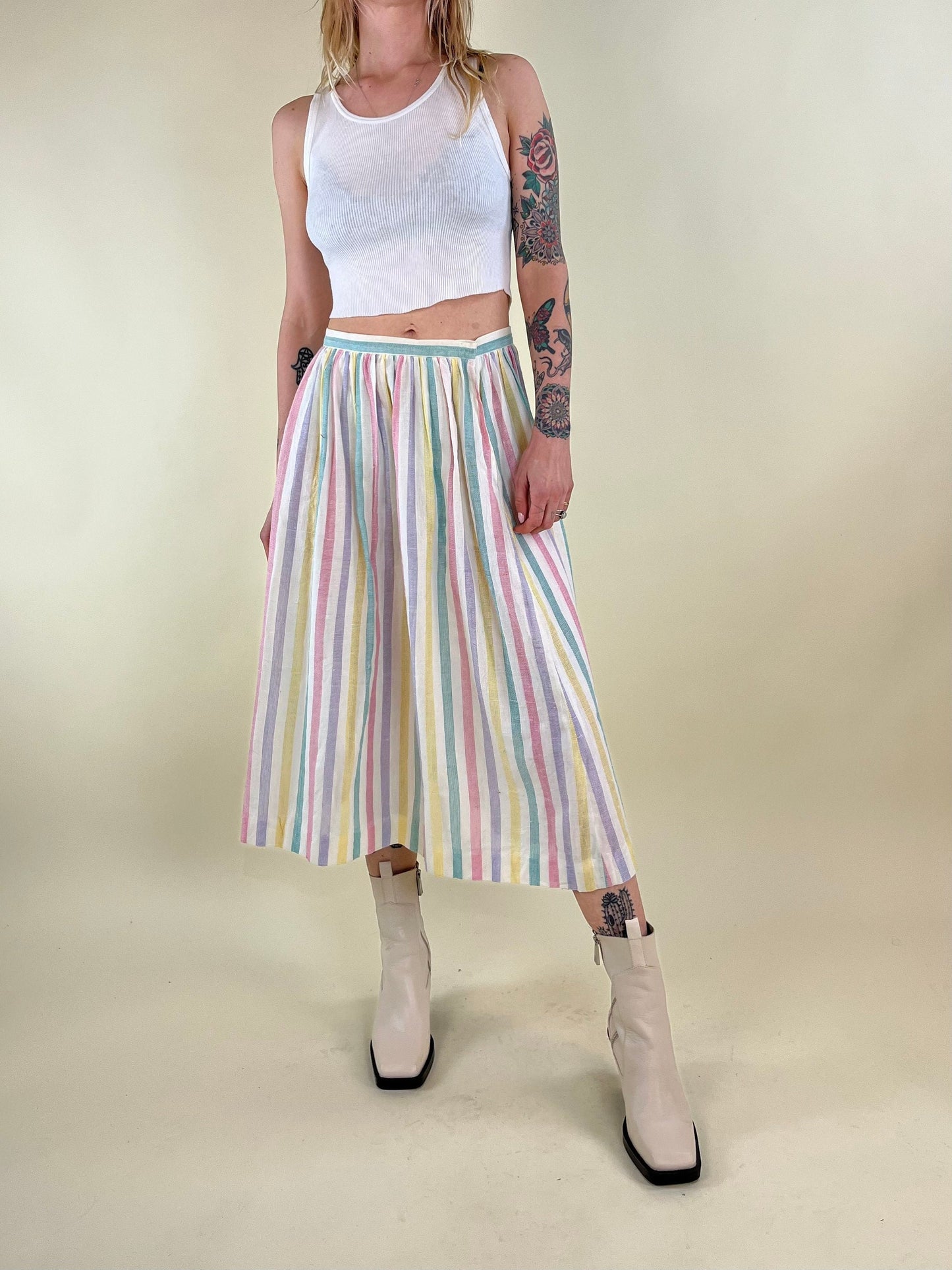 80s Pastel Striped Cotton Maxi Skirt / Union Made / 28" Medium