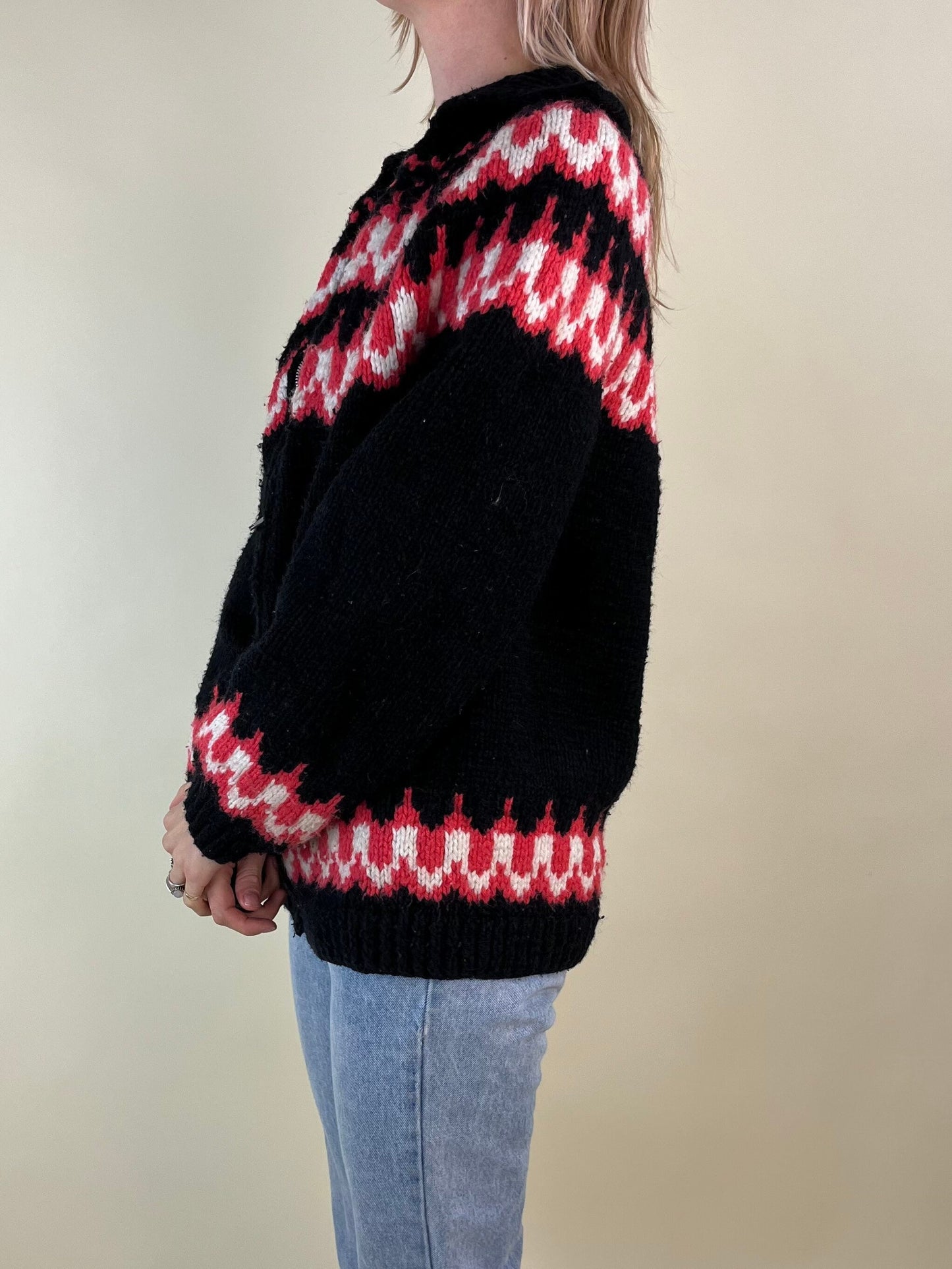 90s Hand Knit Black and Red Zip Up Ski Sweater / Medium