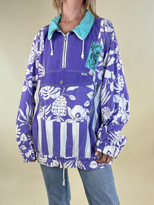 90s Elho Purple Tropical Print Pullover Nylon Wind Breaker / Medium