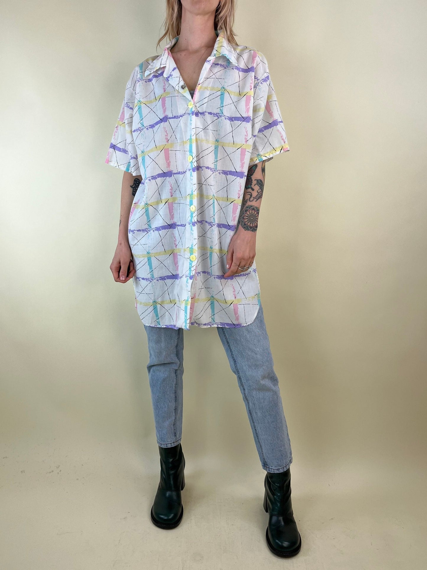 90s Pastel Retro Extra Long Button Up Shirt / Medium