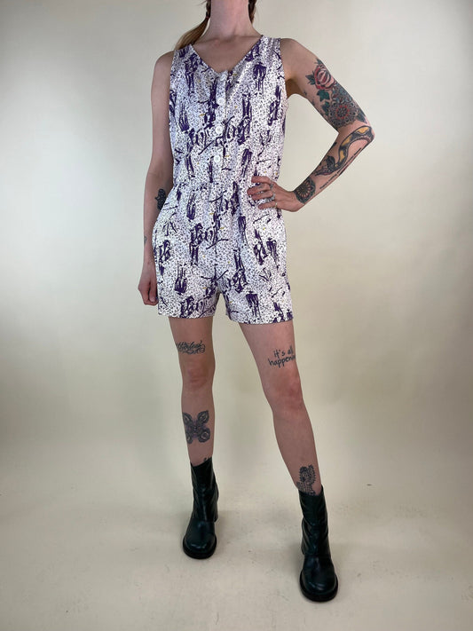 90s Purple Abstract Sleeveless Romper / Medium - Large