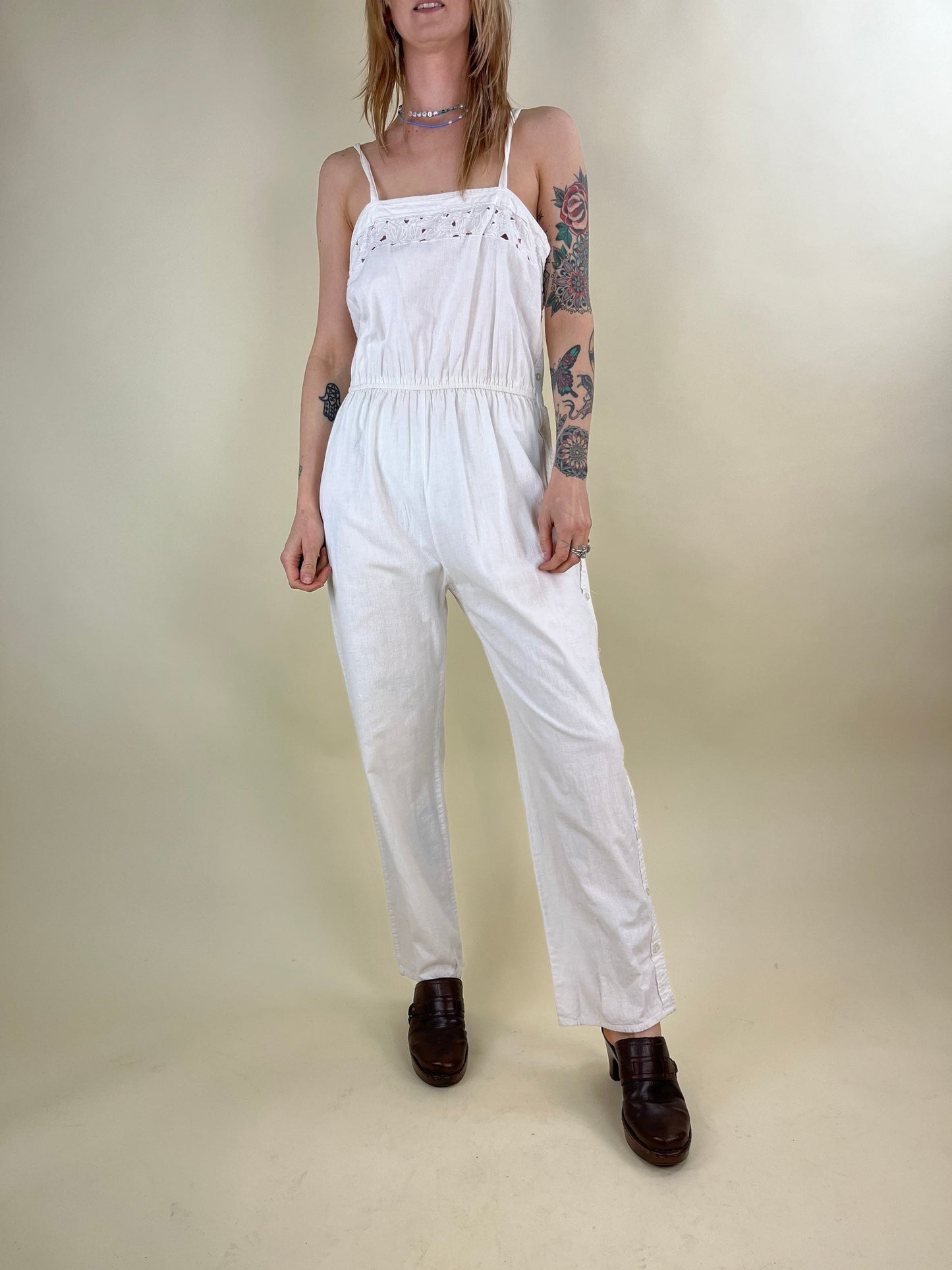 90s White Cotton Jumpsuit / Embroidered Hippie Romper / Medium