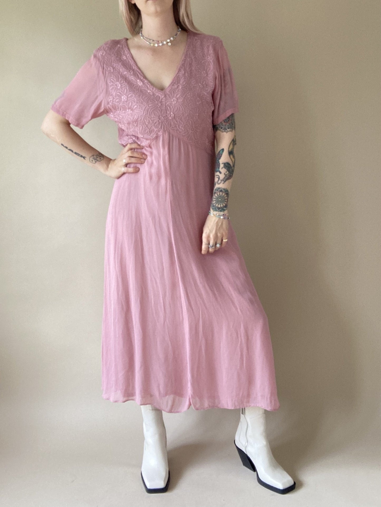90s Vintage Embroidered Pink Maxi Shirt Dress // Vintage Hippie Maxi Dress // Medium