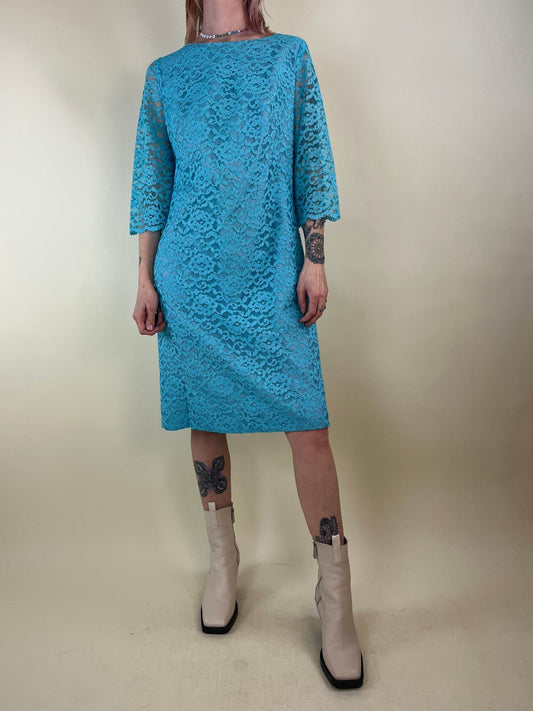 60s Blue Lace Half Sleeve Dress / Medium