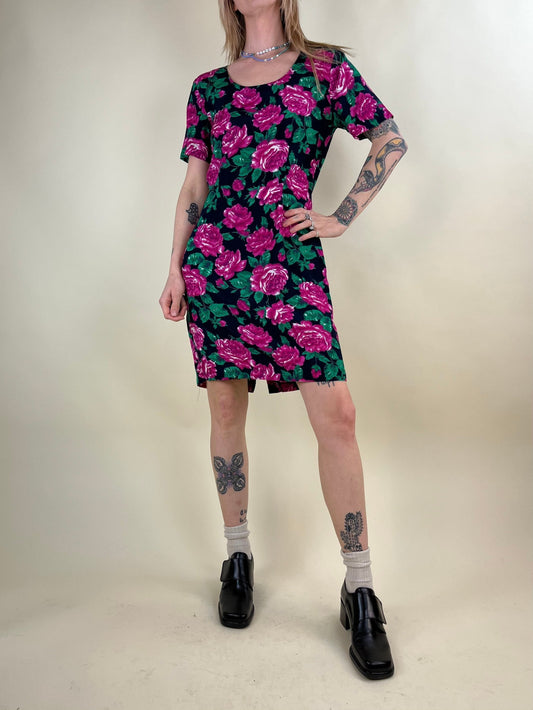 90s Floral Print Rayon Mini Dress / Medium