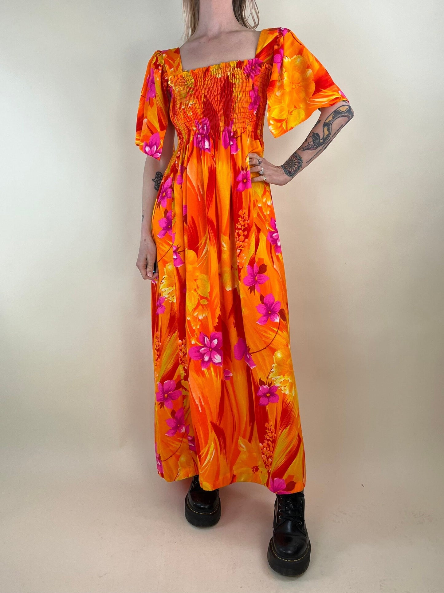 70s Neon Floral Print Hippie Maxi Dress / Small