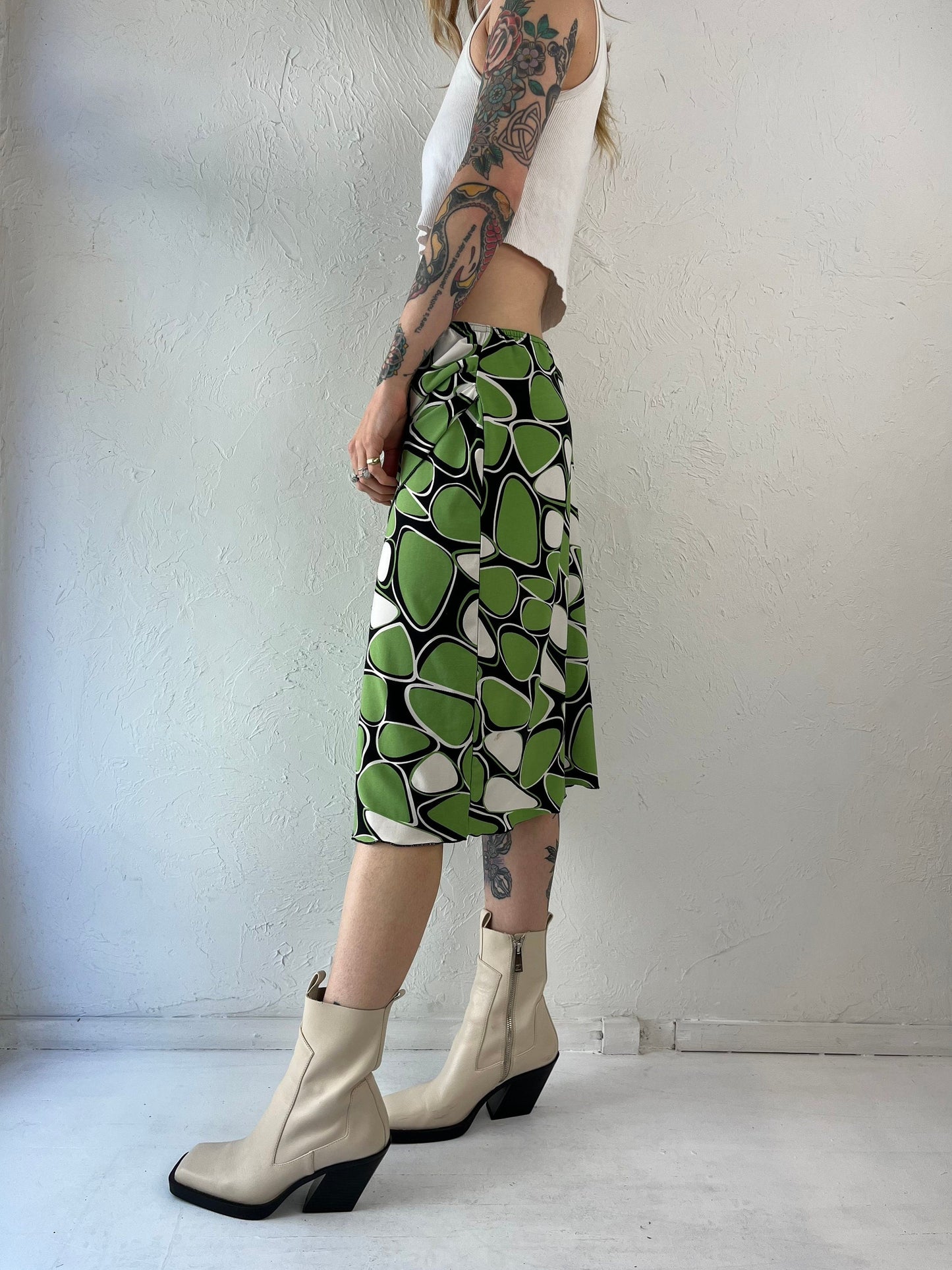 Y2k Abstract Green Patterned Tulip Midi Skirt / Size M