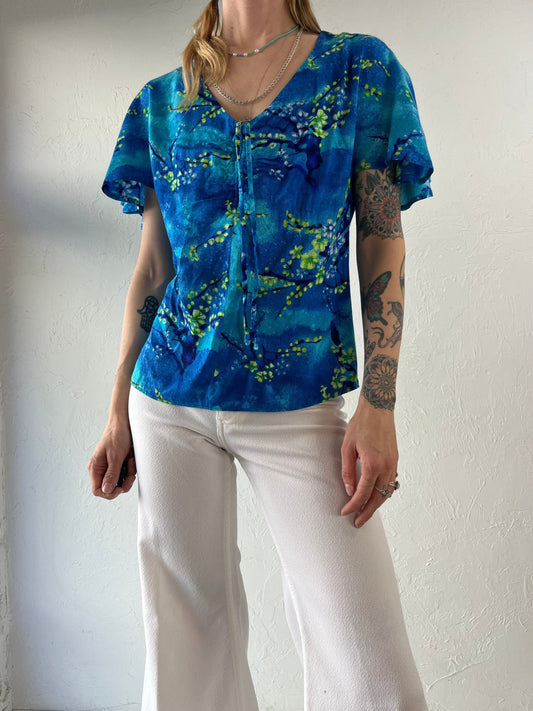 70s Blue and Green Hawaiian Print Blouse Shirt / Small