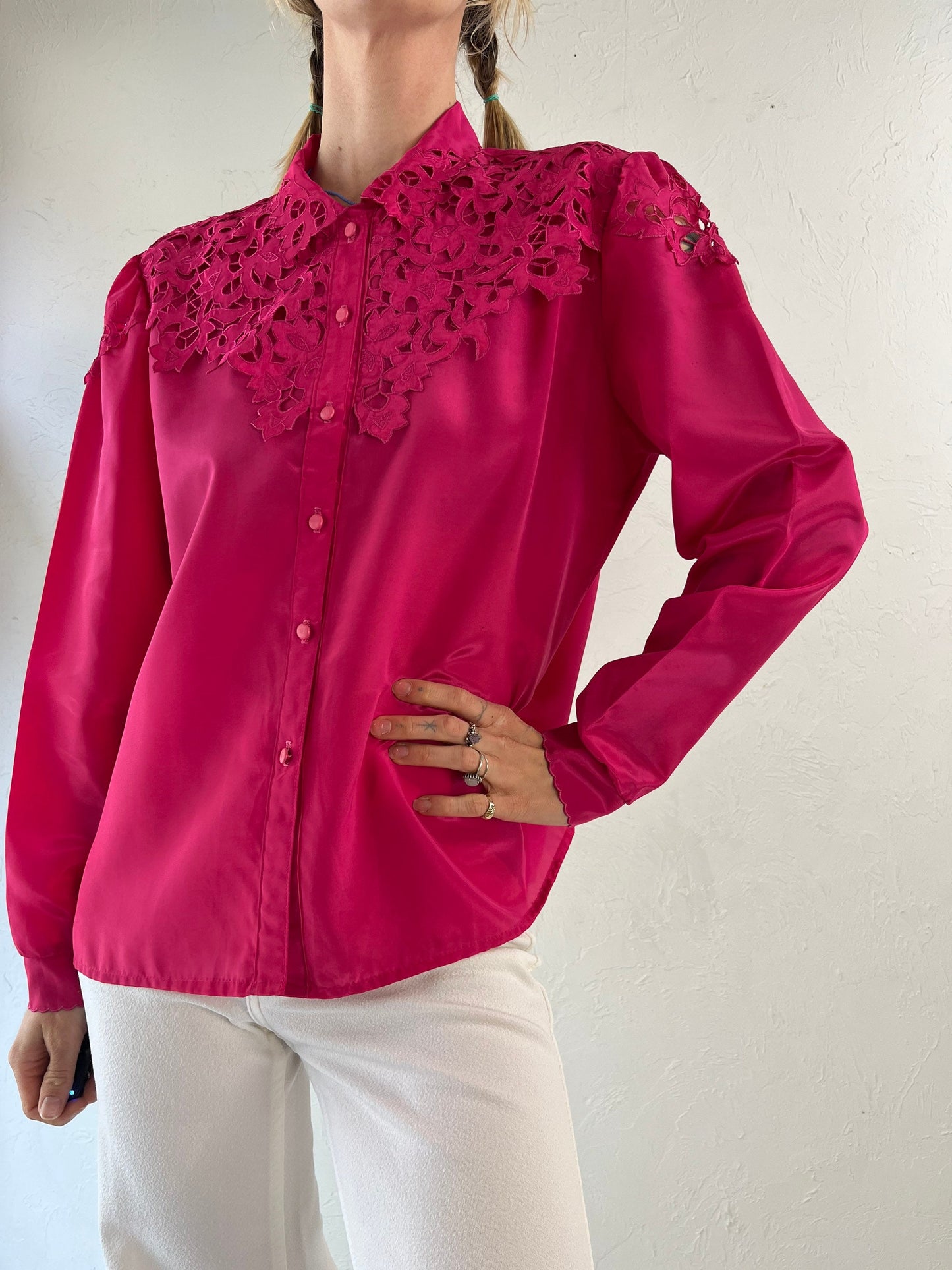80s 'Mapssy New York' Hot Pink Long Sleeve Button Up Shirt / Size M