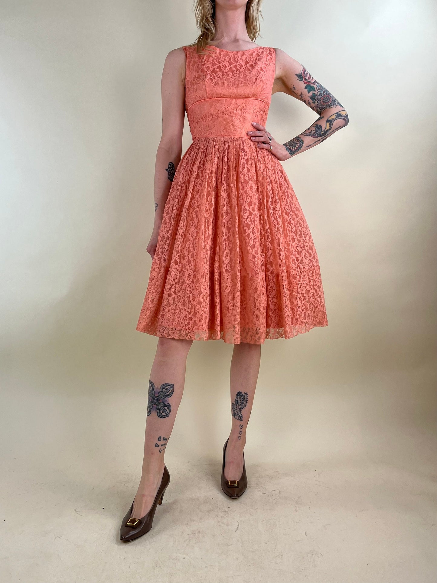 50s Coral Sleeveless Lace Party Dress / XS