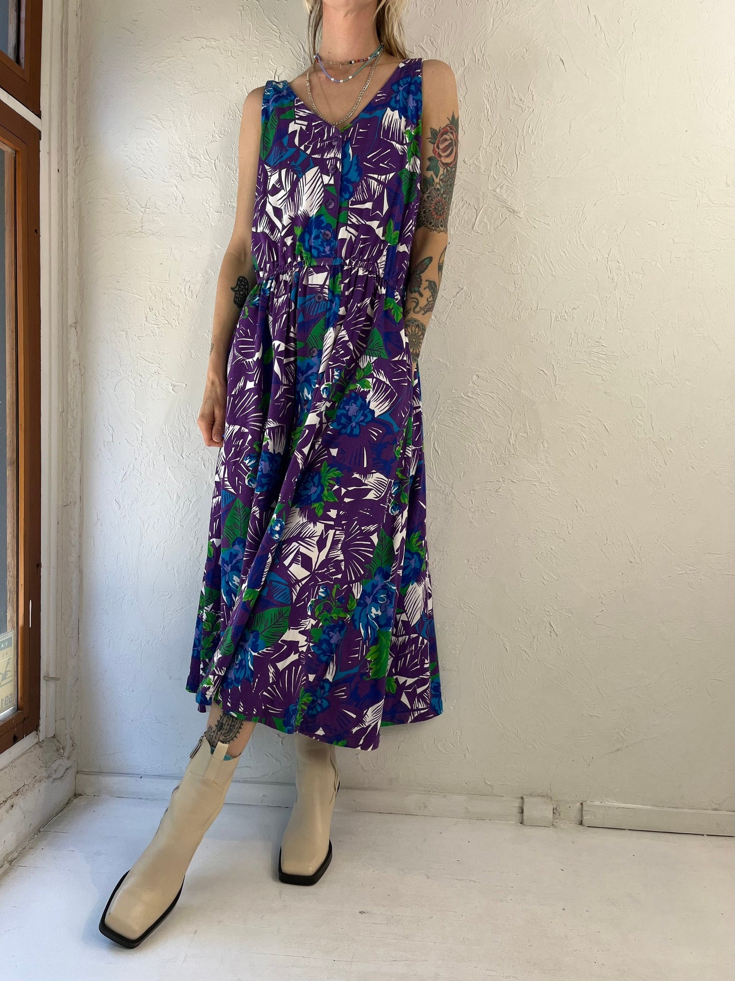 90s 'Nordstrom Point of View' Purple Cotton Hawaiian Floral Print Maxi Dress / Large