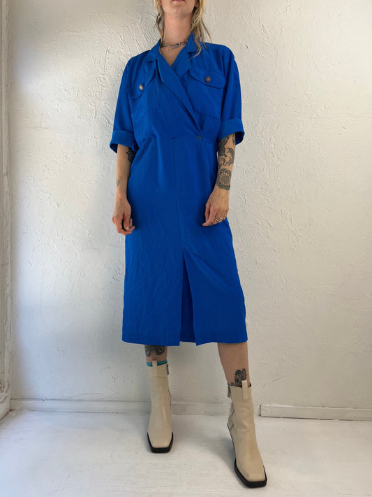 80s 'Lori Ann' Blue Polyester Shirt Dress / Medium