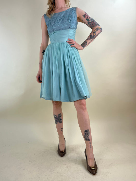 50s 60s Two-tone Blue Sleeveless Dress / XS