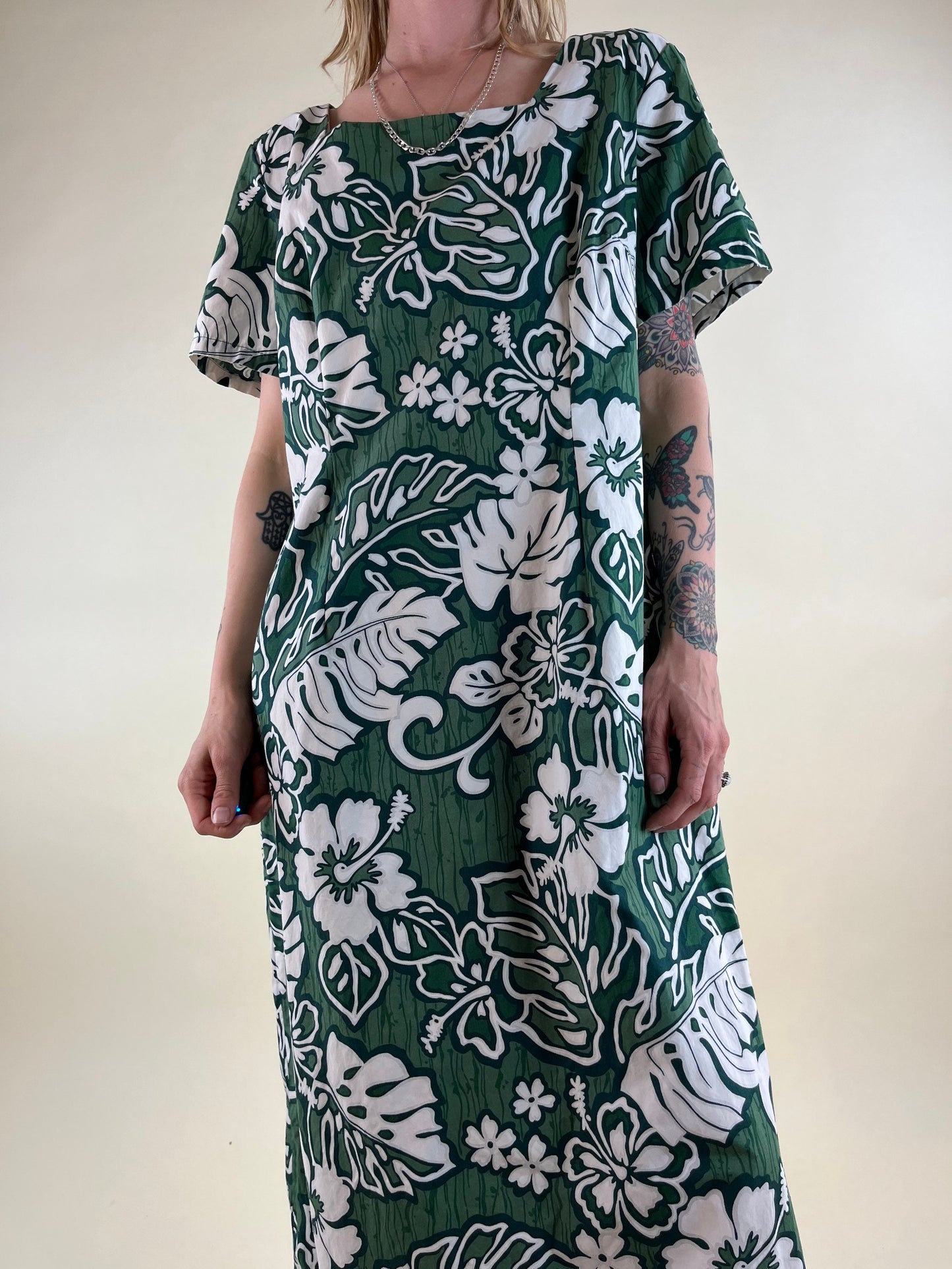 80s 'Hoku' Green Hawaiian Print Floral Muu Muu Dress / Medium