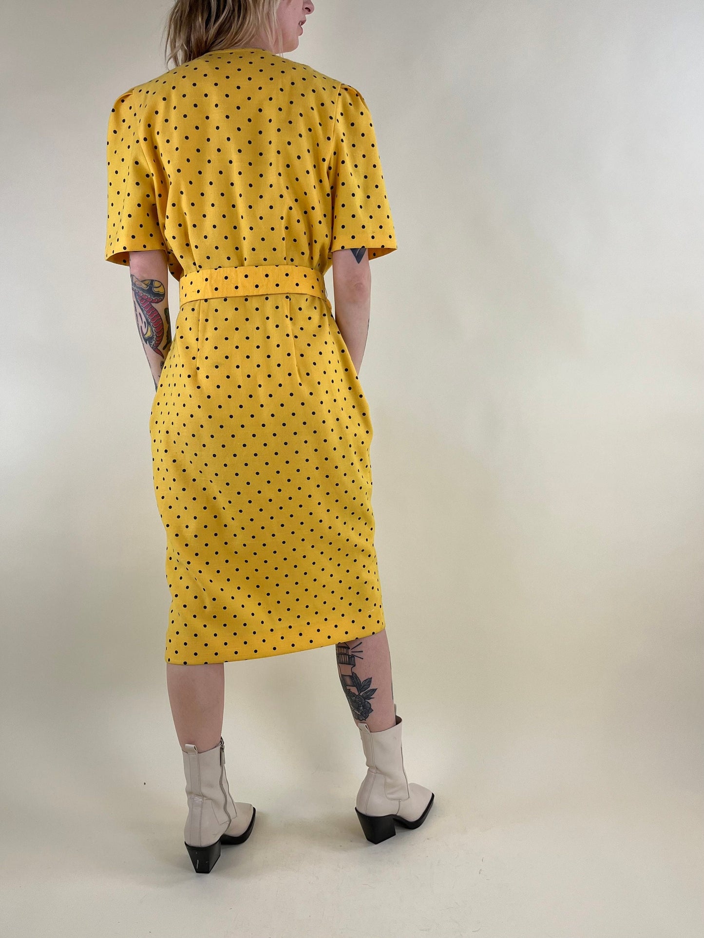 80s Yellow Polka Dot 'Algo' Power Suit Pencil Dress / Medium