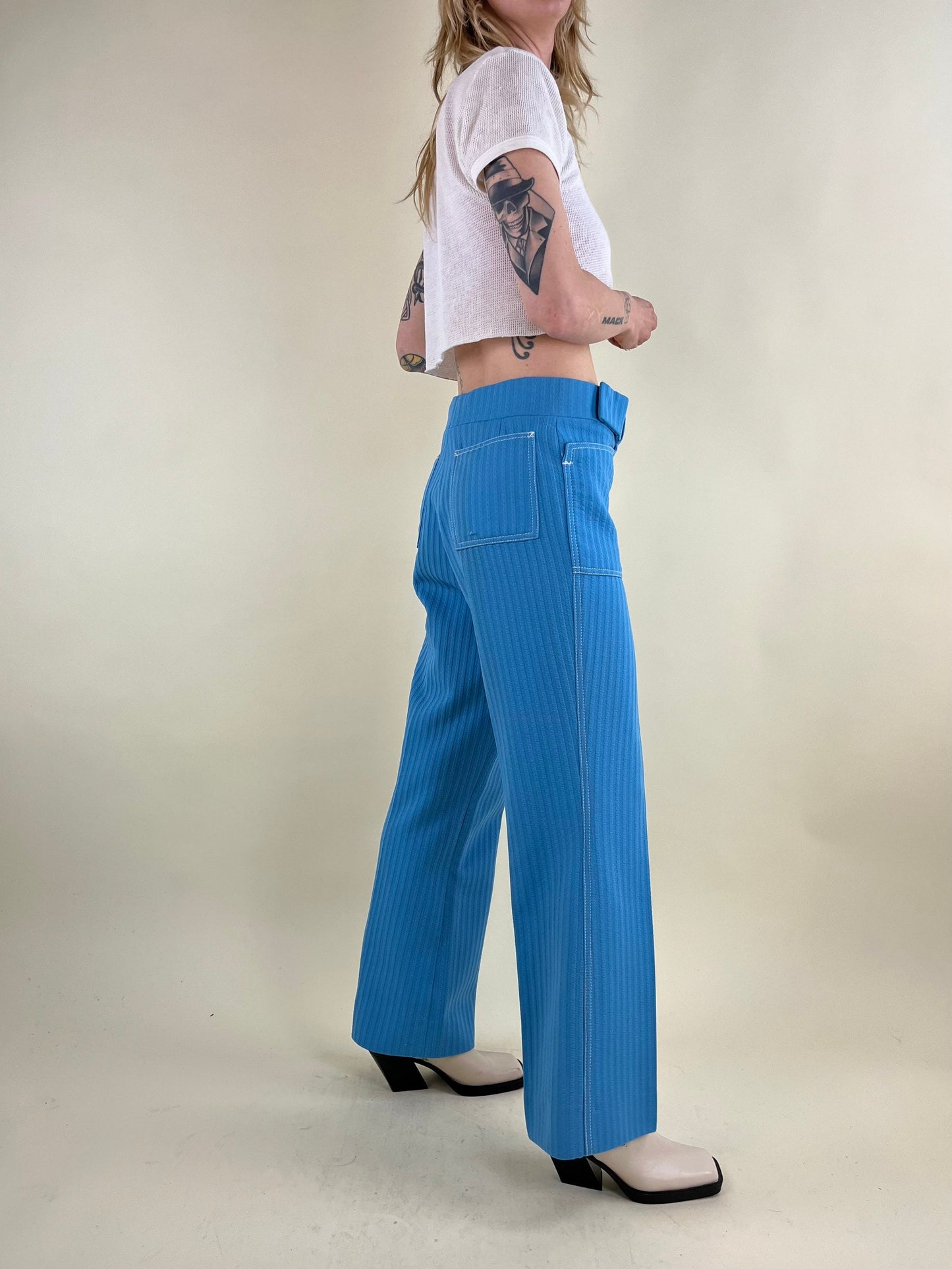 70s Sky Blue 'Capucci' 100% Polyester Wide Leg Trousers / 31" Waist