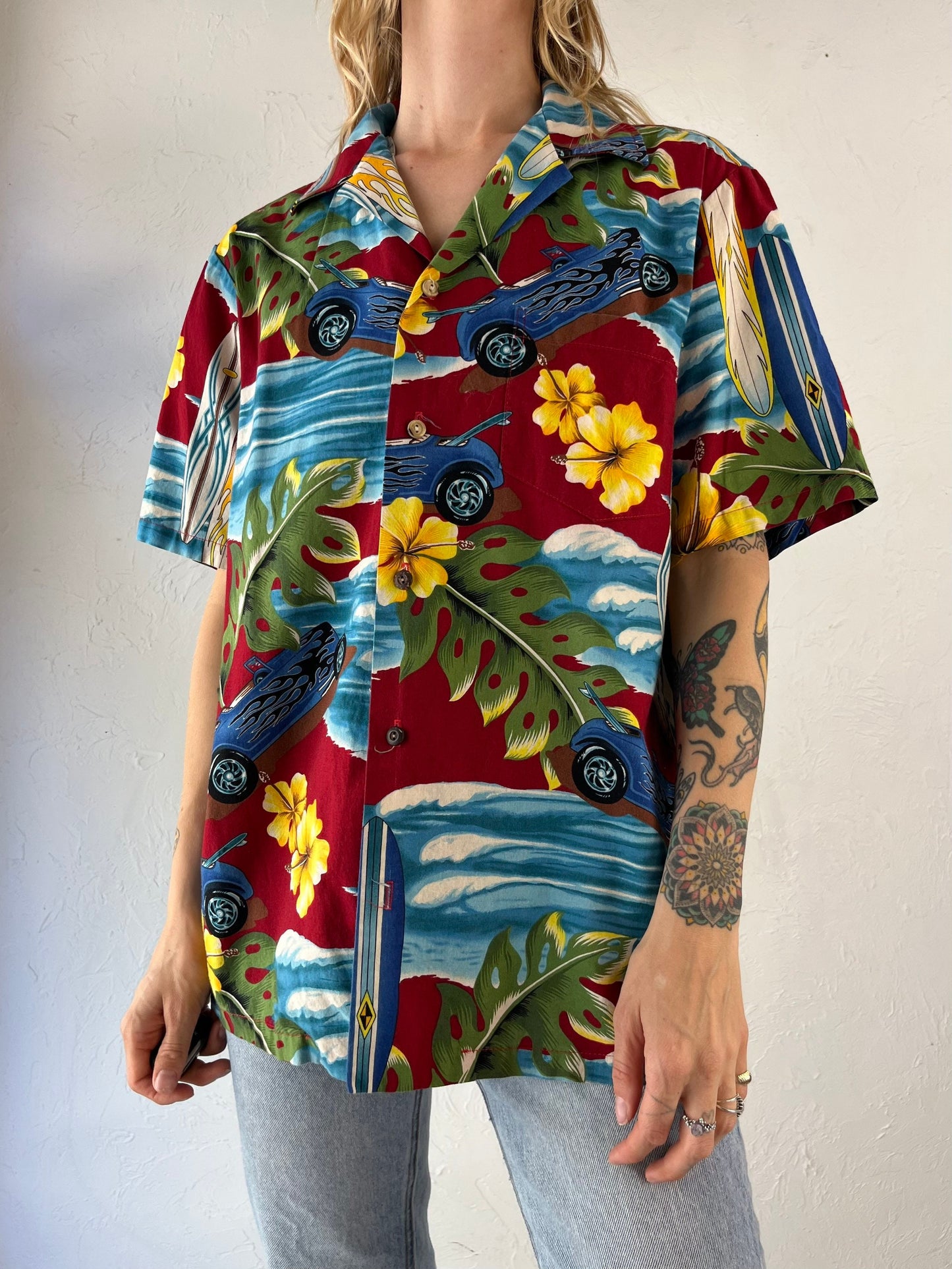 90s ‘RJC’ Hot Rod Topical Print Cotton Dress Shirt / Small