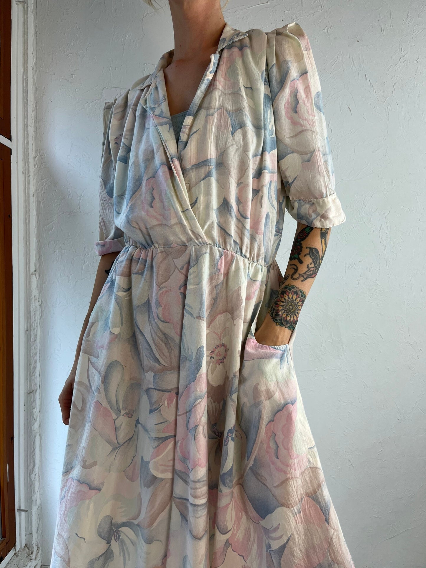 90s Pastel Floral Print Collared Dress / Medium
