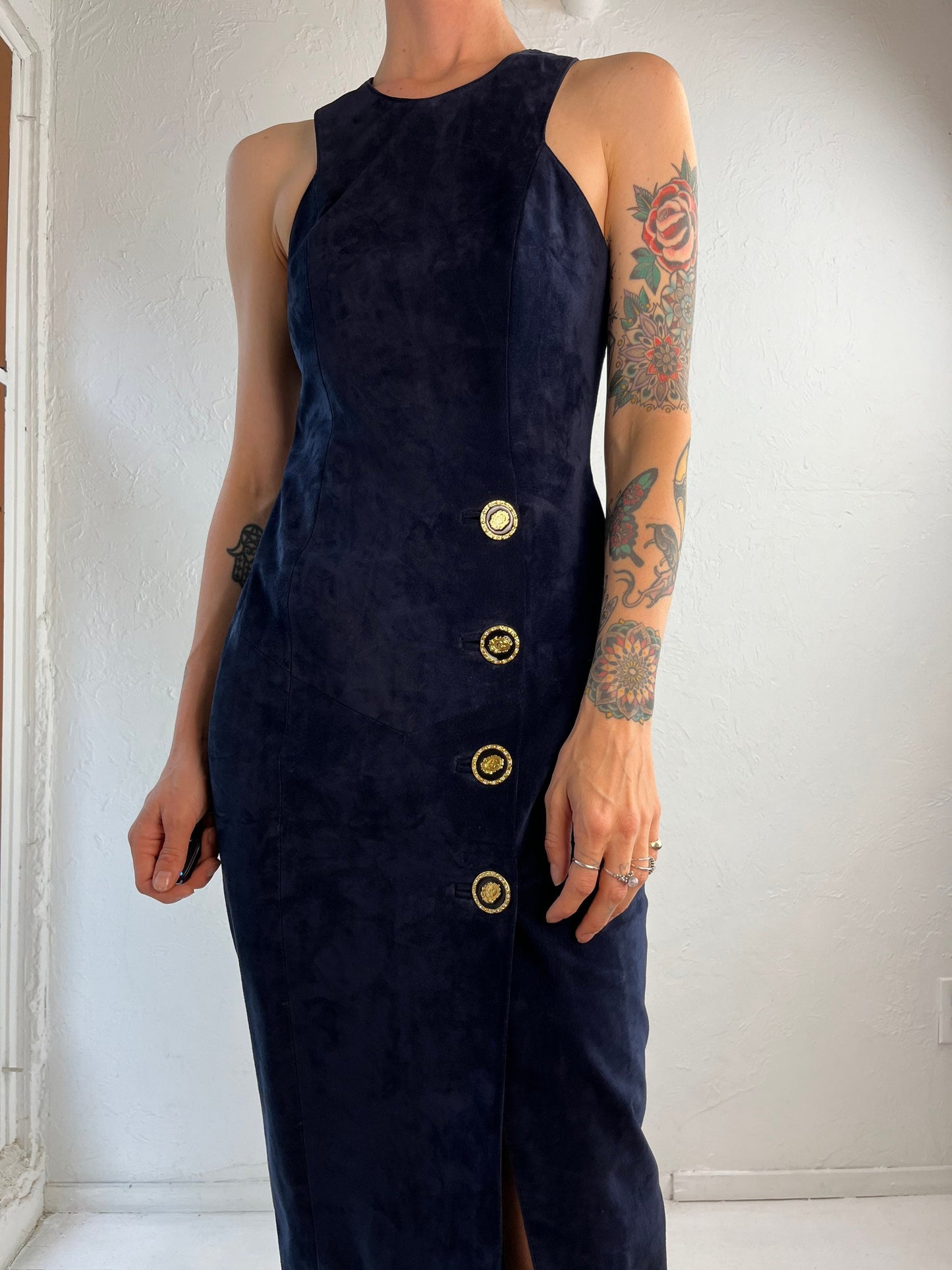 danier leather dress Danier Leather Blue Suede Crochet Bodycon Midi Dress 8