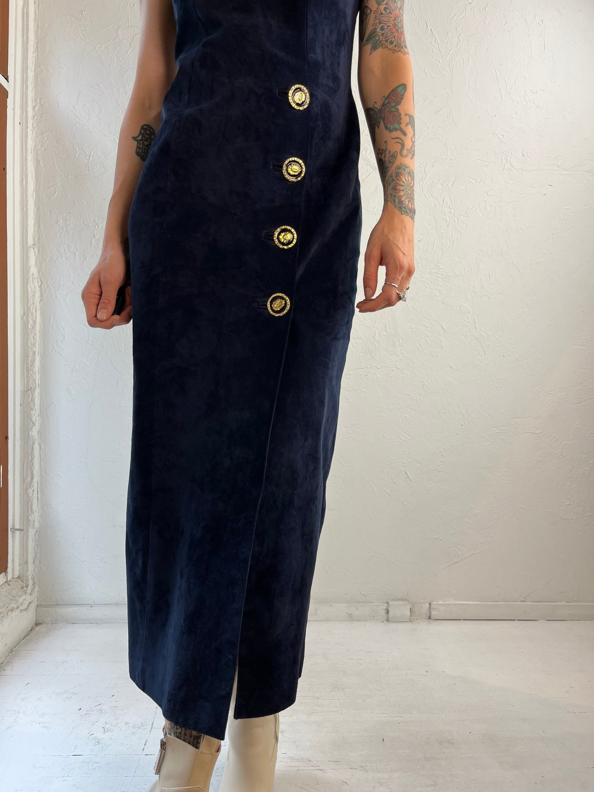90s 'Danier' Navy Blue Suede Leather Form Fitting Dress / XS Wildhoneygoods 90s 'Danier' Navy Blue Suede Leather Form Fitting Dress / XS Wildhoneygoods