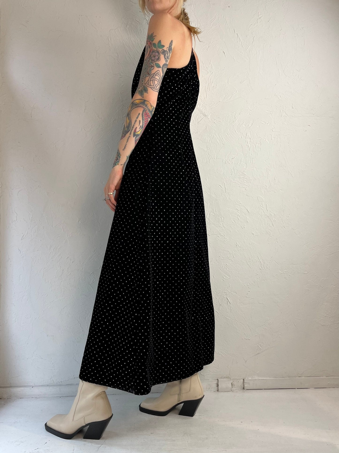 90s Black Velvet Silver Glitter Maxi Dress / Small - Medium