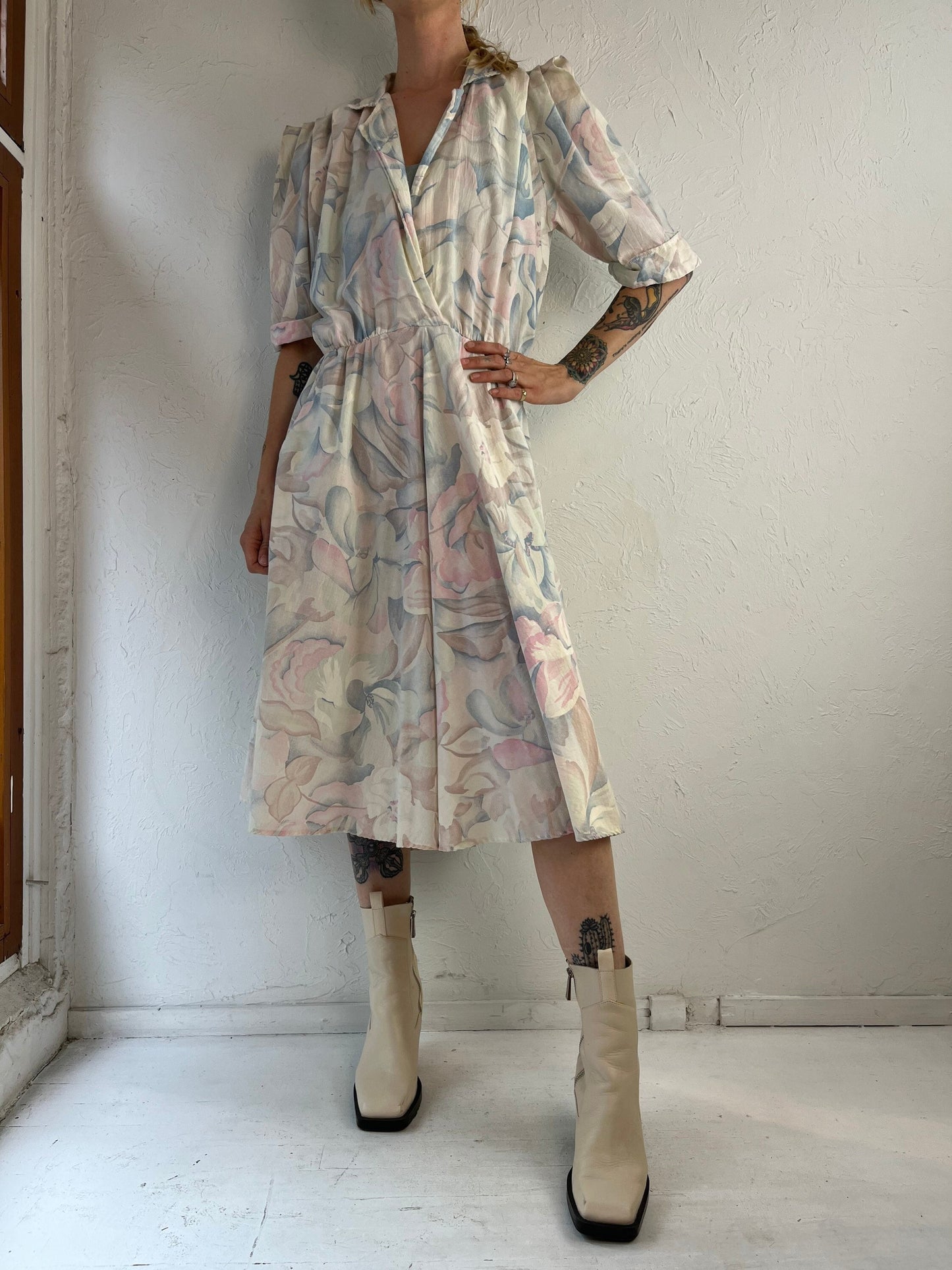 90s Pastel Floral Print Collared Dress / Medium
